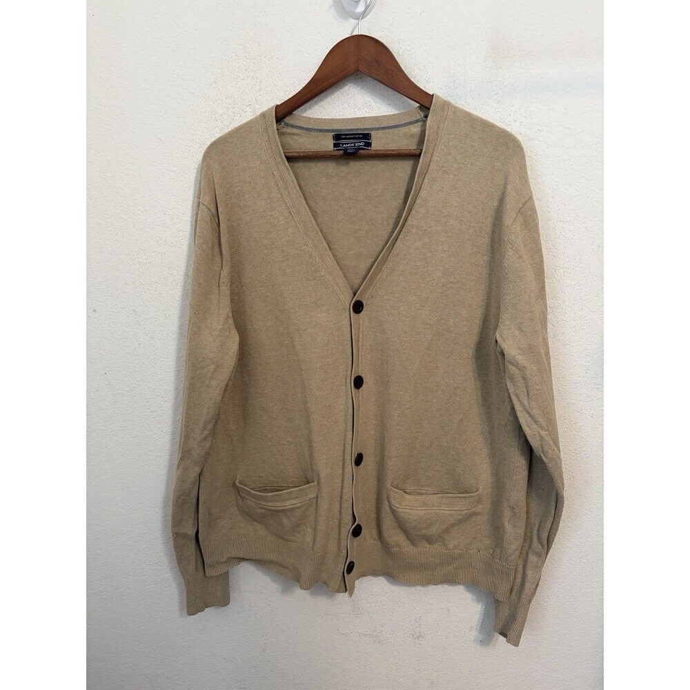 Lands' End Men's L Tan Supima Cotton V-Neck Button Cardigan Preppy Academia